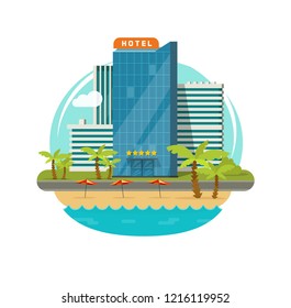 Hotel Isolated Near Sea Or Seafront Resort View Vector Illustration, Flat Cartoon Modern Eco Hotel Building On Green Grass, Beach And Promenade Or Street
