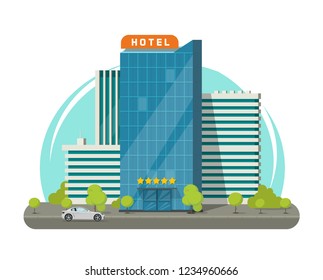 Hotel isolated on city street vector illustration, flat cartoon modern skyscraper hotel building near road