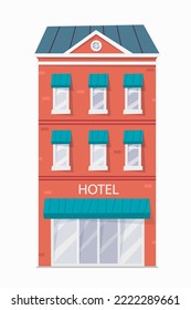 Hotel isolated on vector illustration, flat cartoon modern hotel building.