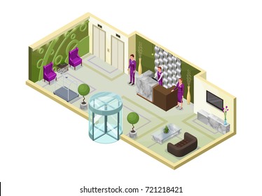 Hotel isometric 3d illustration with people, lobby, reception desk, marble furniture, trendy interior design, inside room view