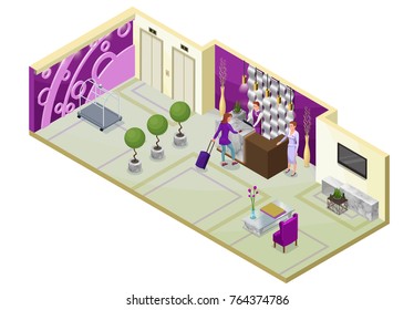Hotel isometric 3d illustration with people, lobby, reception desk, marble furniture, trendy interior design, inside room view