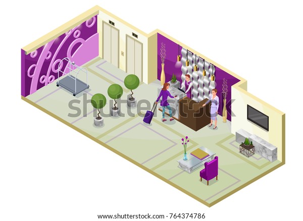 Hotel Isometric 3d Illustration People Lobby Stock Vector Royalty