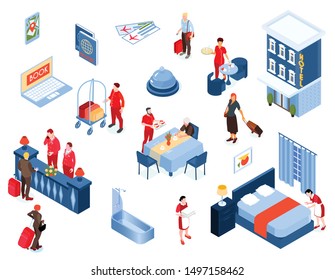 Hotel isometric color set of staff and visitors elements of interior and building from outside  isolated vector illustration