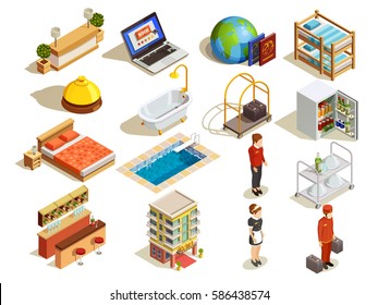 Hotel isometric icon set with guestroom beds bath reception desk room maid and bell attendant characters vector illustration