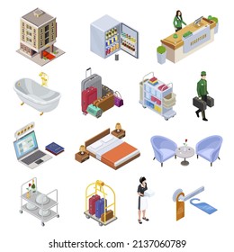 Hotel isometric icons collection vector illustration. Personnel work at apartment customers service porter carrying baggage, maid, receptionist, online booking, room service, bar, portable table, bed