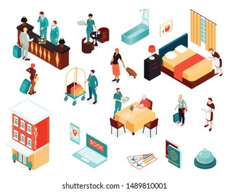 Hotel isometric icons set of passports air tickets booking service receptionist concierge maid vector illustration