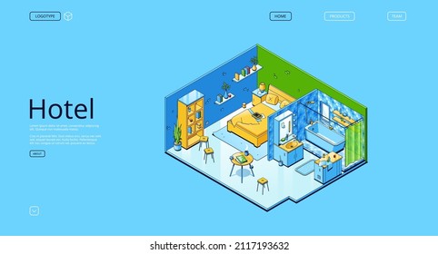 Hotel isometric landing page, accommodation interior with bedroom and bathroom. Modern apartment with furniture, king-size bed, shelves, chairs or table, tub and sink, 3d vector line art web banner