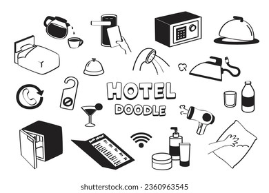 Hotel items in doodle styles. Set of hand drawing Hotel facilities.
