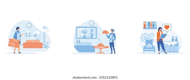 Hotel jobs concept, cleaning lady, room service, hotel management, set flat vector modern illustration