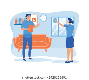 Hotel jobs concept. Experienced male hotel manager training staff, is talking to female hotel waitress. flat vector modern illustration