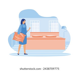 Hotel jobs. Housekeeper in uniform making bed in room, cleaning lady, hospitality business. flat vector modern illustration 