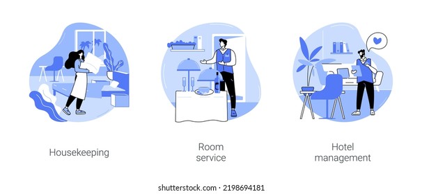 Trabajos de hotel aislados ilustraciones vectoriales de dibujos animados. Alojador de casa con cama de hormigón en la habitación, señora de la limpieza, servicio de habitaciones, desayuno en la cama, administración de hoteles, hostelería de vectores de negocios.