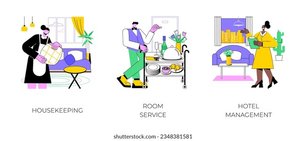 Hotel jobs isolated cartoon vector illustrations set. Housekeeper in uniform making bed in room, cleaning lady, room service, breakfast in bed, hotel management, hospitality business vector cartoon.