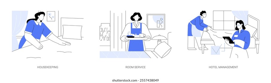 Hotel jobs isolated cartoon vector illustrations set. Housekeeper in uniform making bed in room, cleaning lady, room service, breakfast in bed, hotel management, hospitality business vector cartoon.