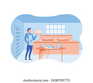 Hotel jobs. Room service, breakfast in bed, hospitality business. flat vector modern illustration 