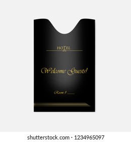 Hotel key card holder. Hospitality keycard sleeve. Vertical black paper envelope with golden text sample. Vector template.