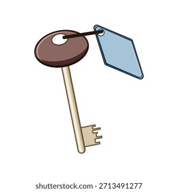 Llave del hotel, con un diseño clásico y una etiqueta en forma de diamante azul en blanco, que representa temas de hospitalidad, viajes, alojamiento y acceso seguro para los huéspedes