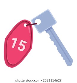 Hotel key with key fob showing number fifteen is isolated on white background