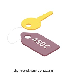 Hotel key with room number isometric icon on white background 3d vector illustration