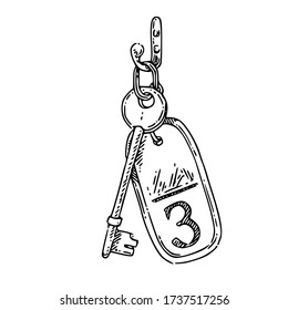 Hotel key with tag number three. Sketch. Engraving style. Vector illustration.