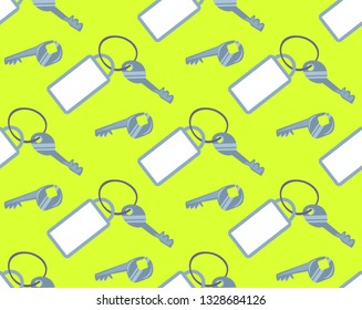 hotel keys with blank white key fob seamless pattern green background horizontal
