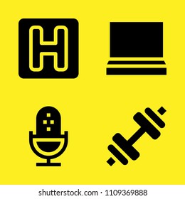 hotel, laptop, dumbbell and microphone vector icon set. Sample icons set for web and graphic design