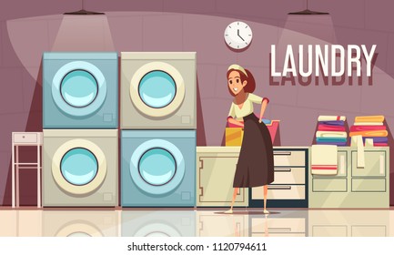 Hotel laundry composition with view of utility room interior with clock washing machines and editable text vector illustration