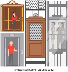 Hotel lift cabine, retro and modern elevators with passengers set. Single cabins with lifting mechanism. Elevator for transporting people. Mechanical hoist, passenger transport vector illustration