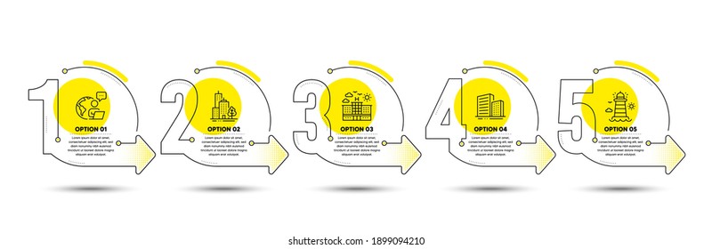 Hotel, Lighthouse and Skyscraper buildings line icons set. Timeline process infograph. Buildings sign. Travel, Beacon tower, Town architecture. City architecture. Buildings set. Vector