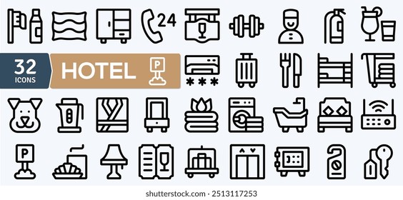 Editierbare Symbole für die Hotelzeile. Vektorgrafik in modernen dünnen Linien Stil Hoteldienstleistungen verwandte Symbole: Zimmermerkmale, Mahlzeiten, Unterkunftsarten, Reinigung und mehr. Einzeln auf weiß.