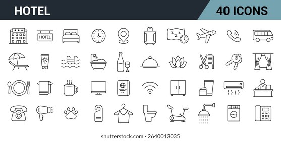 Hotel Line Editable Icons Set. Includes Bed, Room Key, Reception, Spa, Pool, Luggage, WiFi, Air Conditioning, and more. Vector Illustration.	