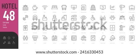 Hotel Line Editable Icons set. Vector illustration in modern thin line style hotel services related icons: room characteristics, meals, types of accommodation, cleaning, and more. Isolated on white.