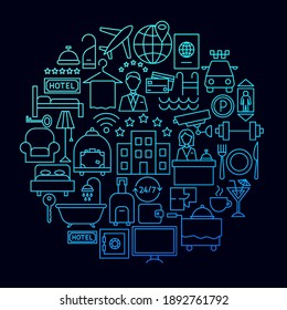 Concepto de círculo de iconos de la línea del hotel. Ilustración vectorial del diseño de contorno.