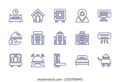 Hotel line icon collection. Editable stroke. Vector illustration. Containing sleep, pet house, safe, pin, air conditioner, room service, hotel, luggage cart, hotel bell, handle, bed.