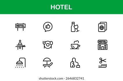 Hotel Line Icon Collection – Modern, Minimal Outline Symbols of Hospitality, Booking, Rooms, Travel, and Accommodation Services for Premium Designs
