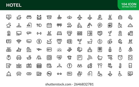 Hotel Line Icon Collection – Modern, Minimal Outline Symbols of Hospitality, Booking, Rooms, Travel, and Accommodation Services for Premium Designs