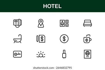 Hotel Line Icon Collection - Símbolos de hospitalidade, reservas, quartos, viagens e serviços de alojamento modernos e mínimos para designs premium