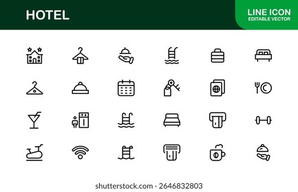Hotel Line Icon Collection – Modern, Minimal Outline Symbols of Hospitality, Booking, Rooms, Travel, and Accommodation Services for Premium Designs
