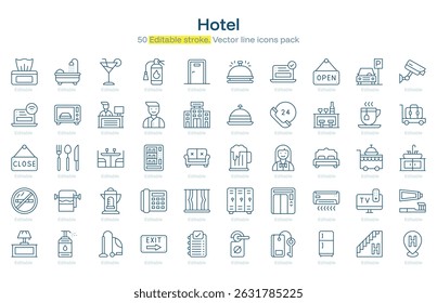 Symbolpaket für Hotelzeile. Symbolsatz "Hotel Stroke". Symbol "Bearbeitbarer Strich"
