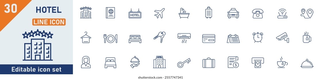 Hotel line icon set. Set of 30 outline icons related to hotel, reception, taxi, booking, hostel, key card, check-in, passport, service and others. Editable stroke. Vector illustration.