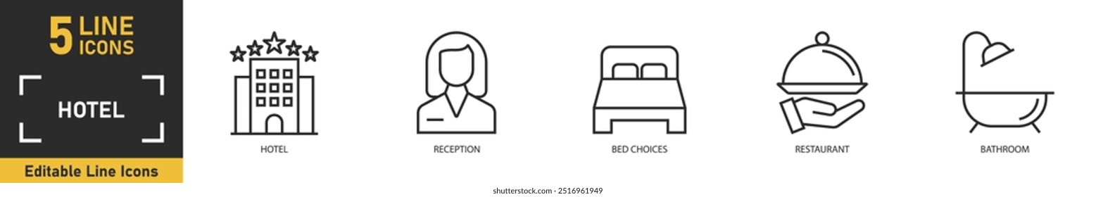 Hotel line icon set. Set of 5 outline icons related to hotel, reception, bed choices, restaurant, bathroom and more. Vector illustration.