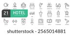 Hotel Line Icon Set. Contains such icons as Hotel, Service, Hotel Reception, Restaurant, Lobby, Bed, Towel, Spa Therapy, Swimming Pool, Bathtub, Key, Fitness.