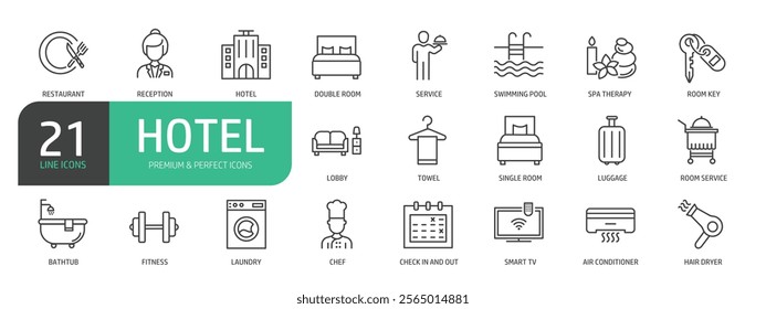 Hotel Line Icon Set. Contains such icons as Hotel, Service, Hotel Reception, Restaurant, Lobby, Bed, Towel, Spa Therapy, Swimming Pool, Bathtub, Key, Fitness.