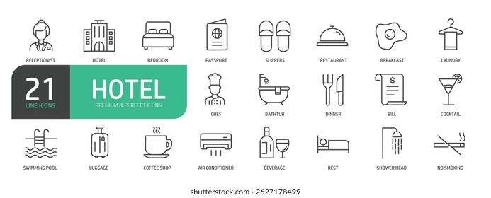 Hotel Line Icon Set. Contains such icons as Hotel, Service, Hotel Reception, Restaurant, Bed, Towel, Swimming Pool, Bathtub.