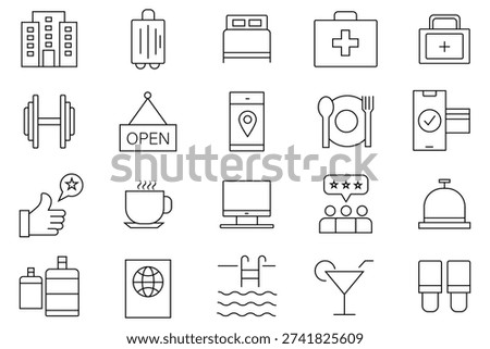 Hotel line icon set. Out line icon of Room, business, parking, travel, sleeping, comfortable and moor.  Vector illustration.