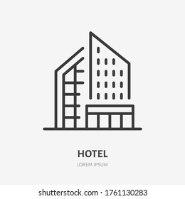 Hotel line icon, vector pictogram of modern city skyline. Business center illustration, sign for building exterior.