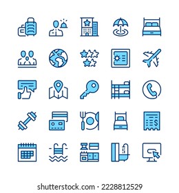 Hotel line icons. Blue color. Vector line icons set