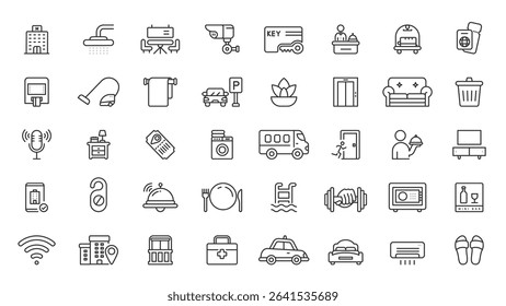 Hotel line icons collection. accomodation, Service, wifi, interior, reception, restaurant icons. UI icon set. Outline vector icon in linear style. collection of pictograms hotel