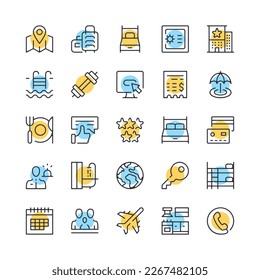 Hotel line icons. Set of hotel amenities icons. Black, blue and yellow colors. Modern outline graphic design. Vector line icons set