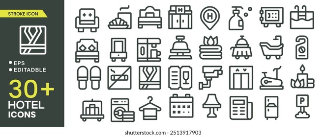 Hotel Line Icons set. Hotel, apartment, service, airport, rental, reservation, hotel booking, room, parking, travel outline icon collection. Thin outline icons pack.